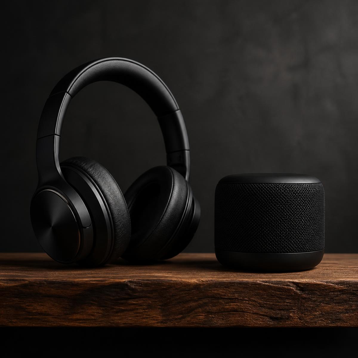 Casque et enceinte noirs sur une planche de bois