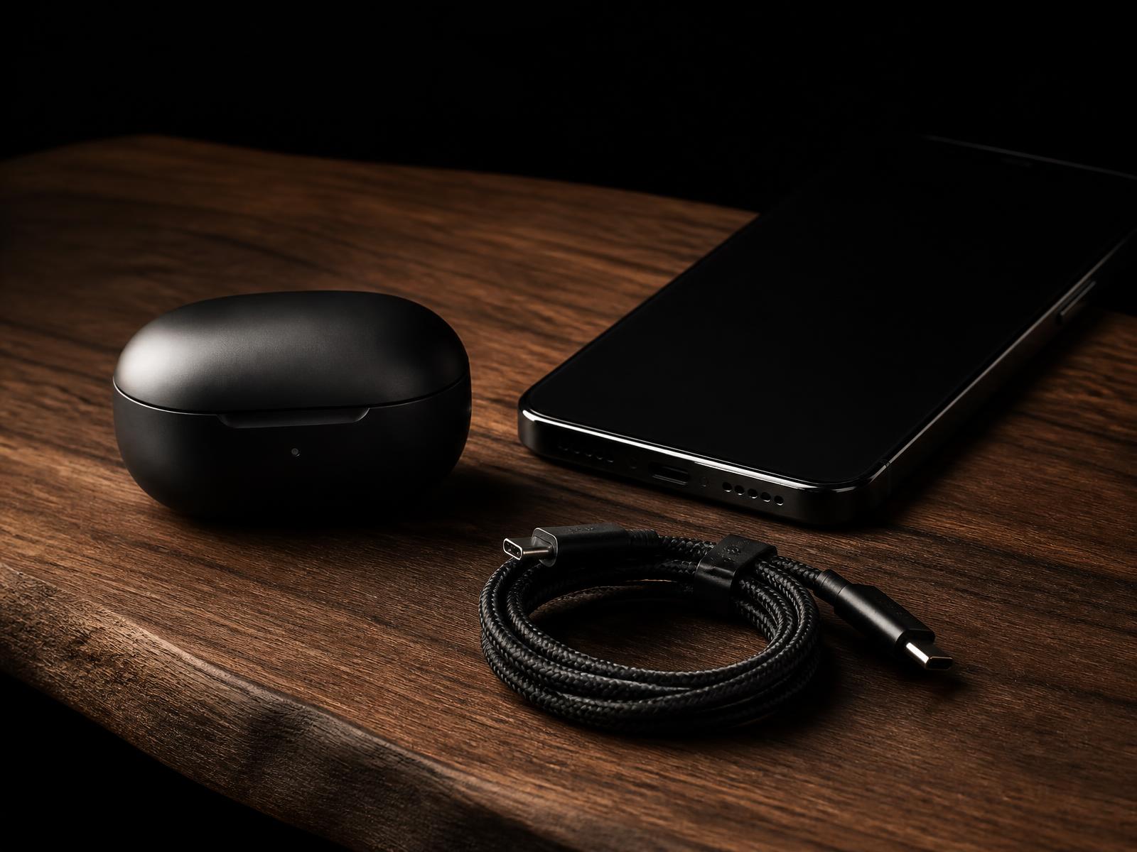 Accessoires électroniques noirs posés sur un plan de travail en bois